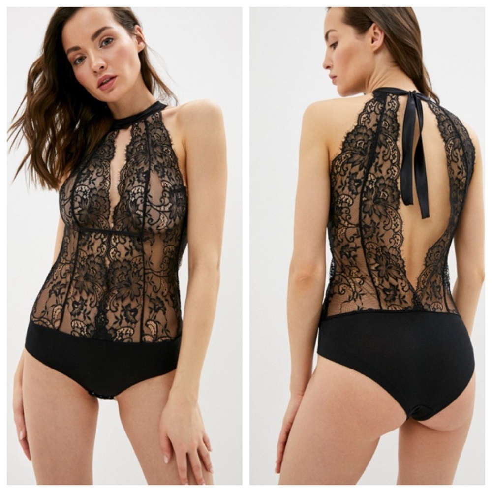 Intimissimi Charme Fatal Lace Bodysuit Lingerie Black Plunging Neckline Size XS